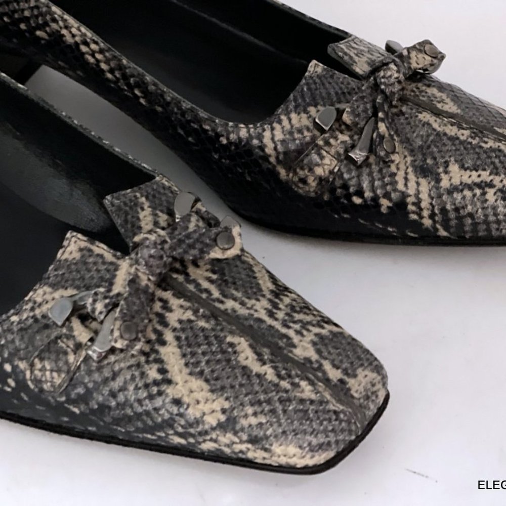 Stuart Weitzman Snakeskin Leather Pumps 7 M Black Tan Square Toe Kitten Heel - Picture 2 of 12